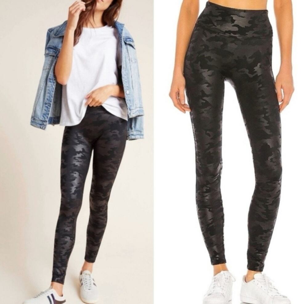 SPANX Faux Leather Camo Leggings High-Waisted Black Gray Size Medium Minimalist